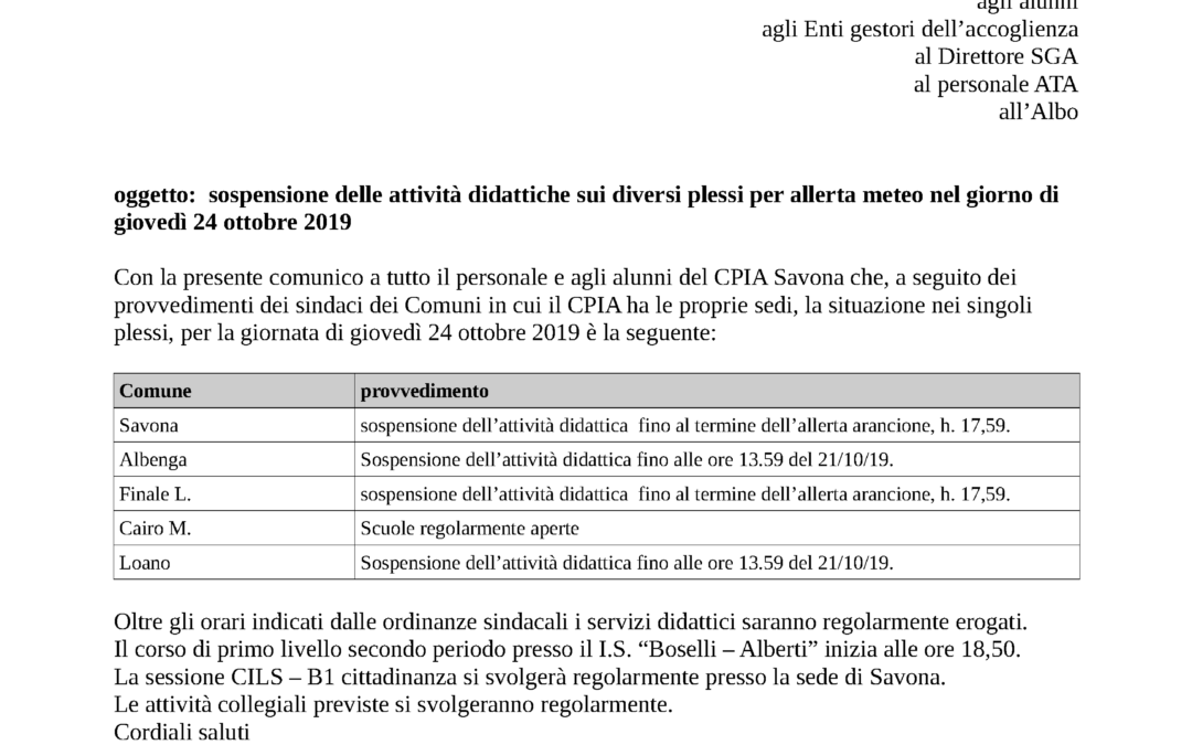 Sospensione delle lezioni del giorno 24/10/2019